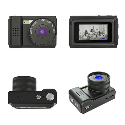 A collection of images showing a Mini Retro Camera from different angles, displaying its physical appearance and screen.