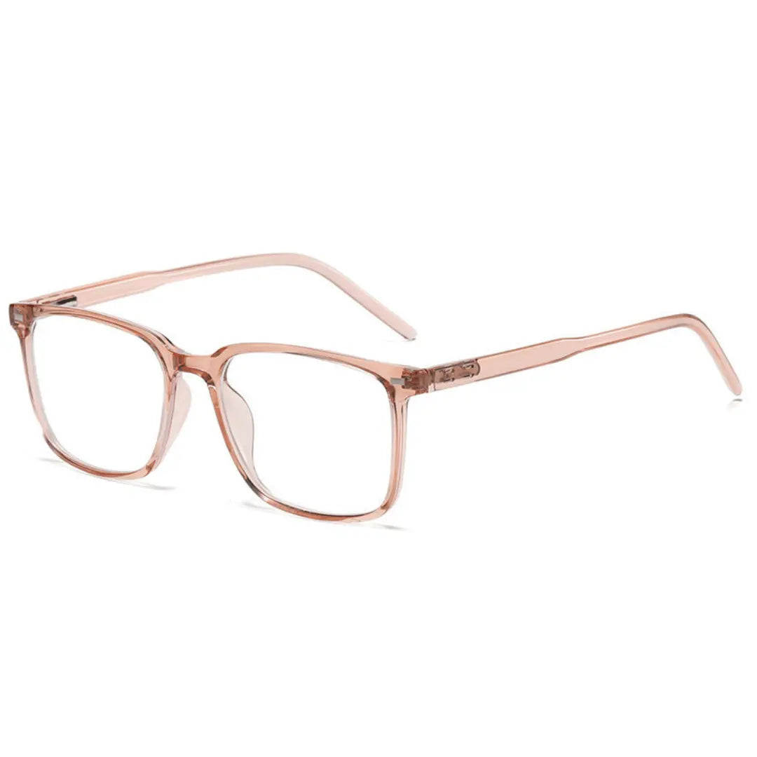 Pair of rose gold eyeglasses on a white background