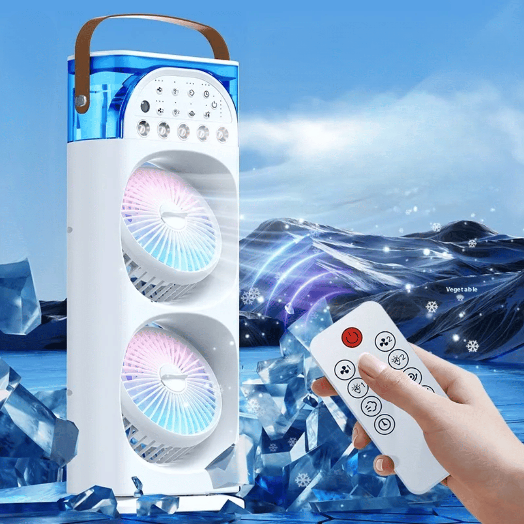 Portable air conditioner with remote control against a blue sky background