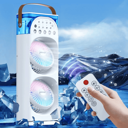 Portable air conditioner with remote control against a blue sky background