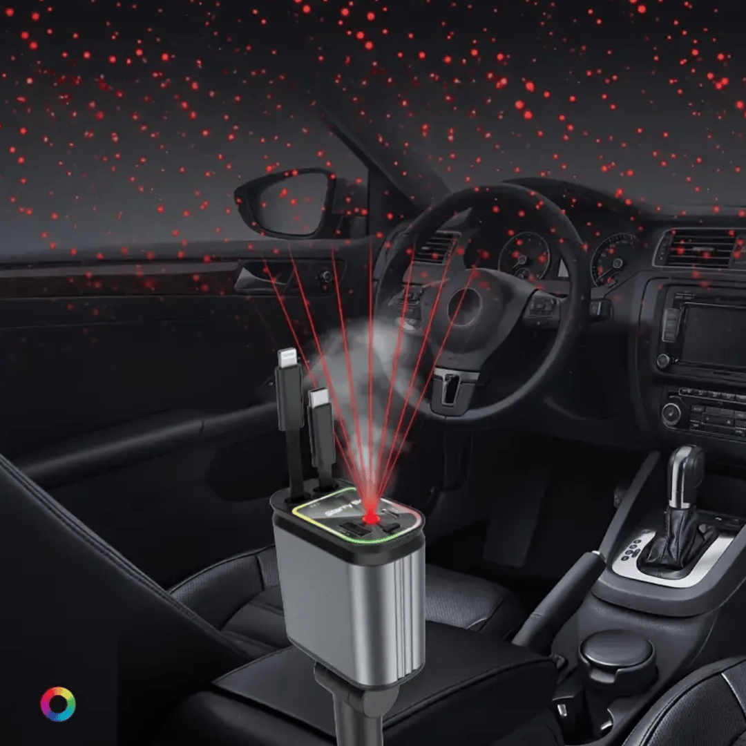 SkyFuse 4-in-1 car charger with 120W power output and LED starry sky design for multiple device charging