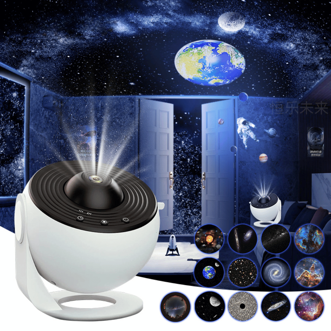 Space-themed projector with celestial projections on a dark background