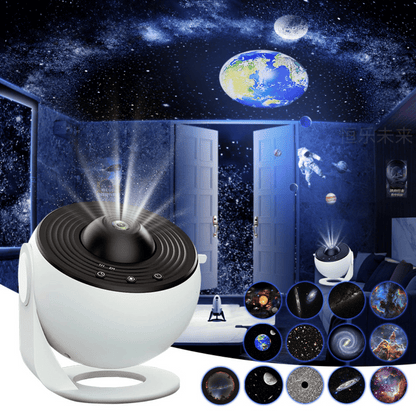 Space-themed projector with celestial projections on a dark background