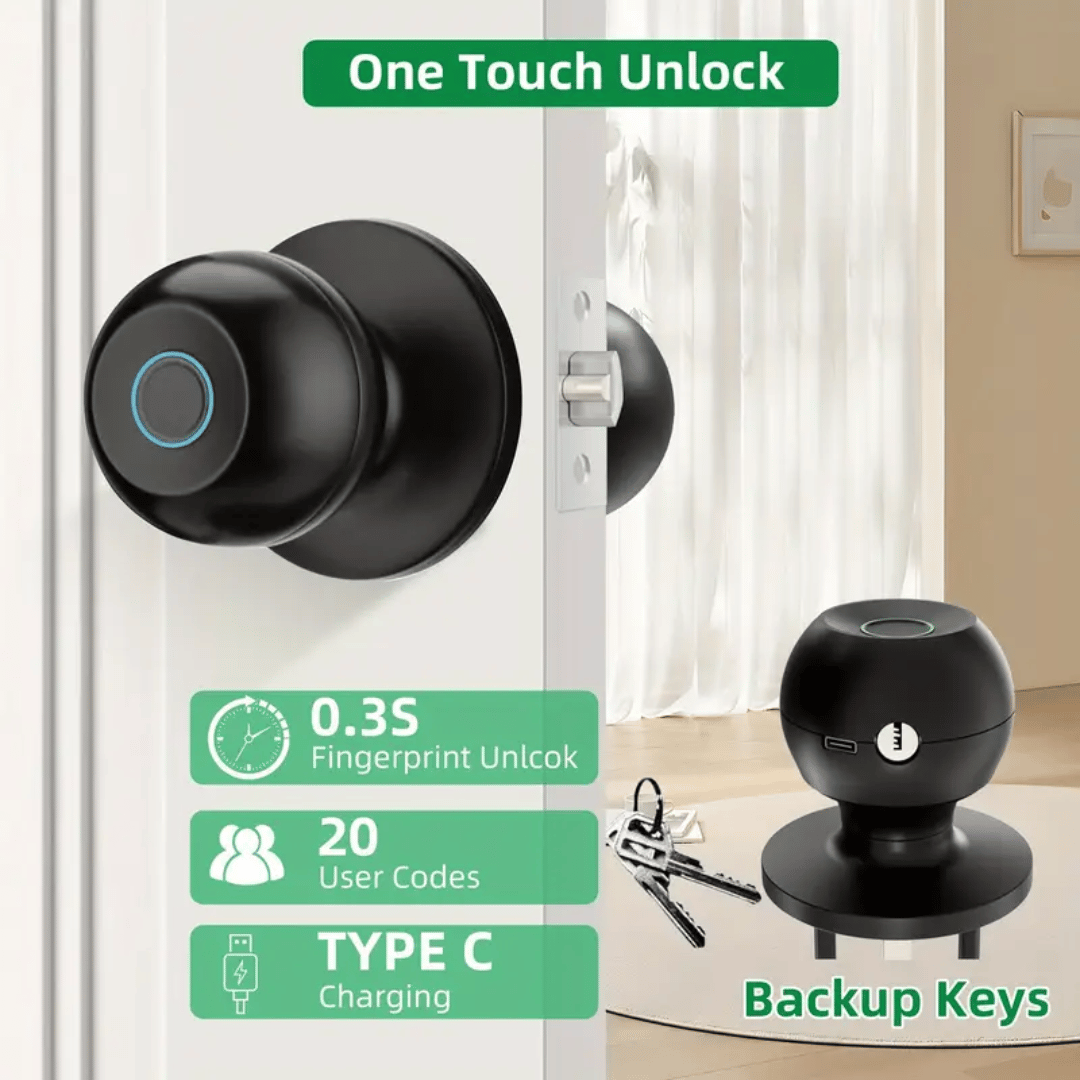 Smart lock with fingerprint unlock and backup keys on a door.