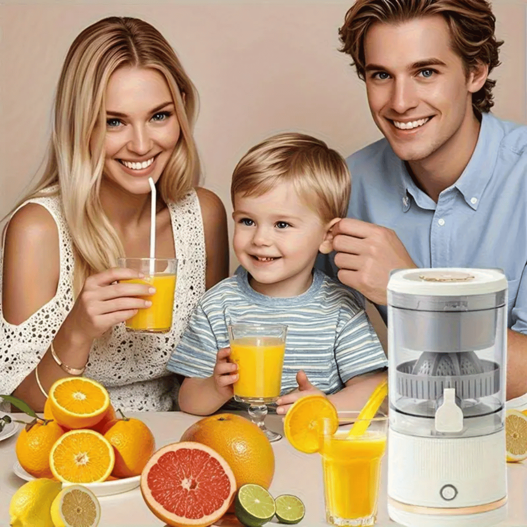 Family enjoying fresh juice with a juicer on a table.