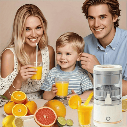 Family enjoying fresh juice with a juicer on a table.
