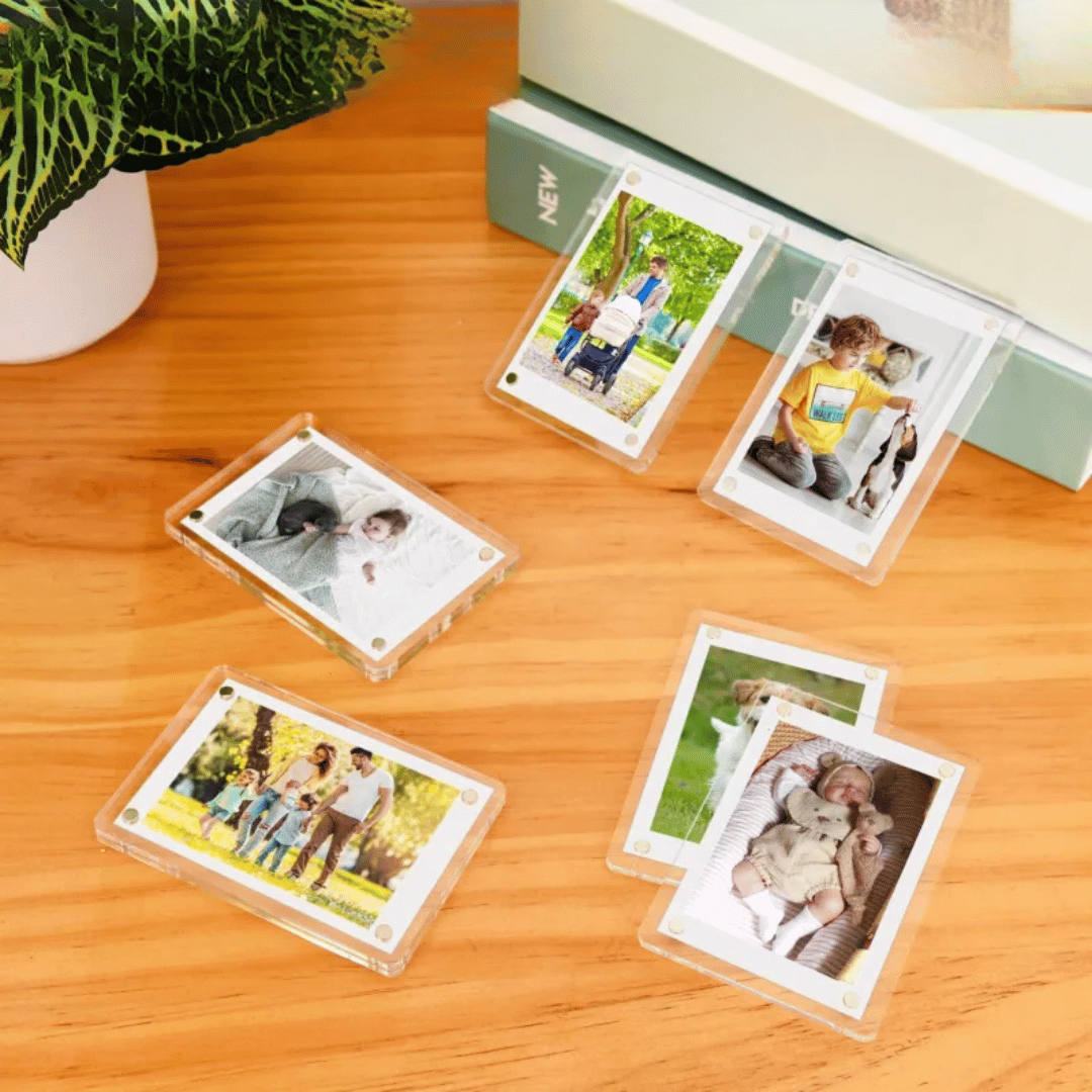 ClearMag acrylic magnetic photo frame with clear design for displaying photos on fridge and kitchen surfaces