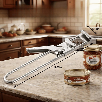 Can opener on a kitchen counter with jars and cans for size comparison