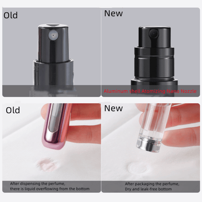 A hand holding a black travel-size perfume atomizer with a fine spray of perfume, highlighting the product's capability to spray without water drops.