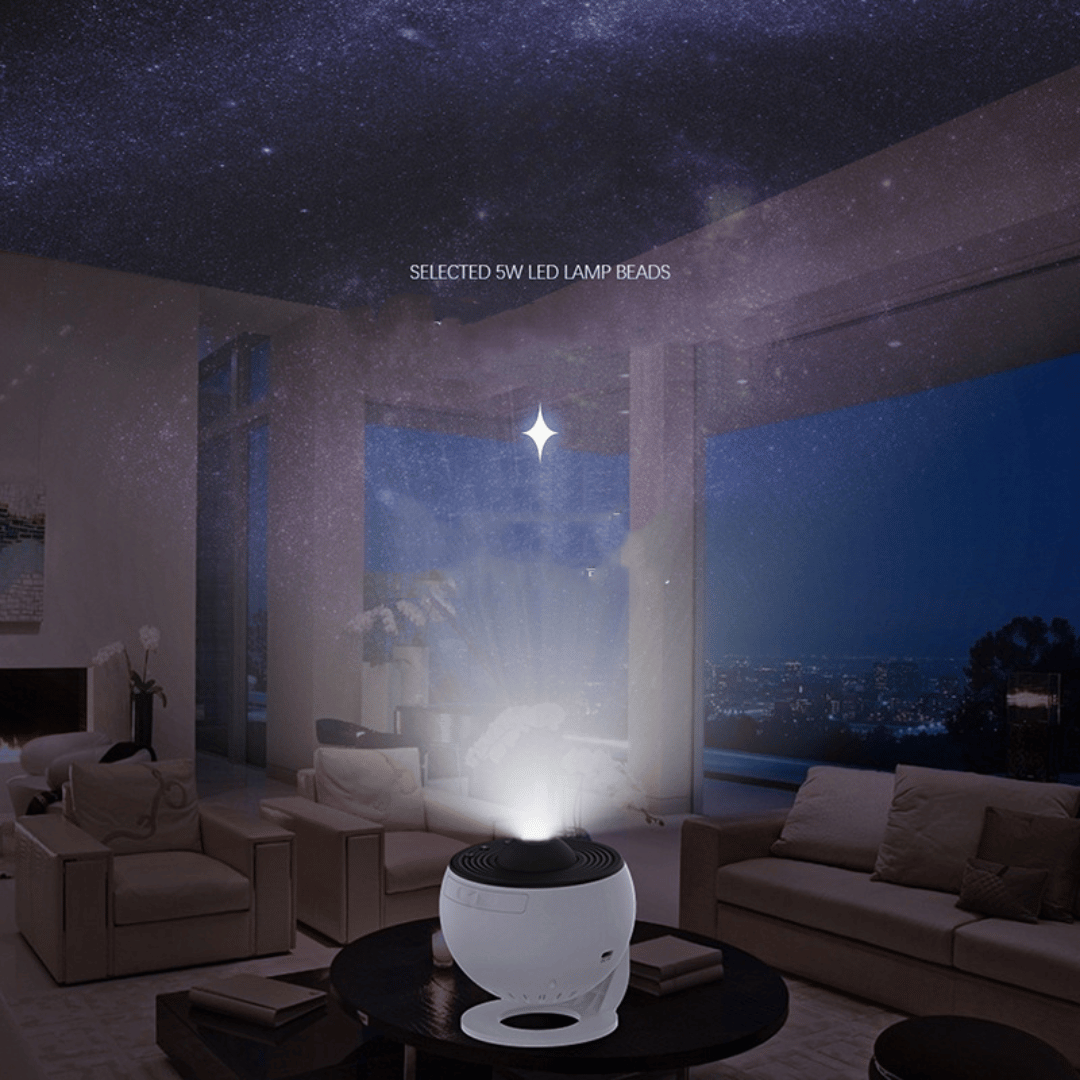 Living room with a star-shaped light projector on a table, projecting a star onto the ceiling.