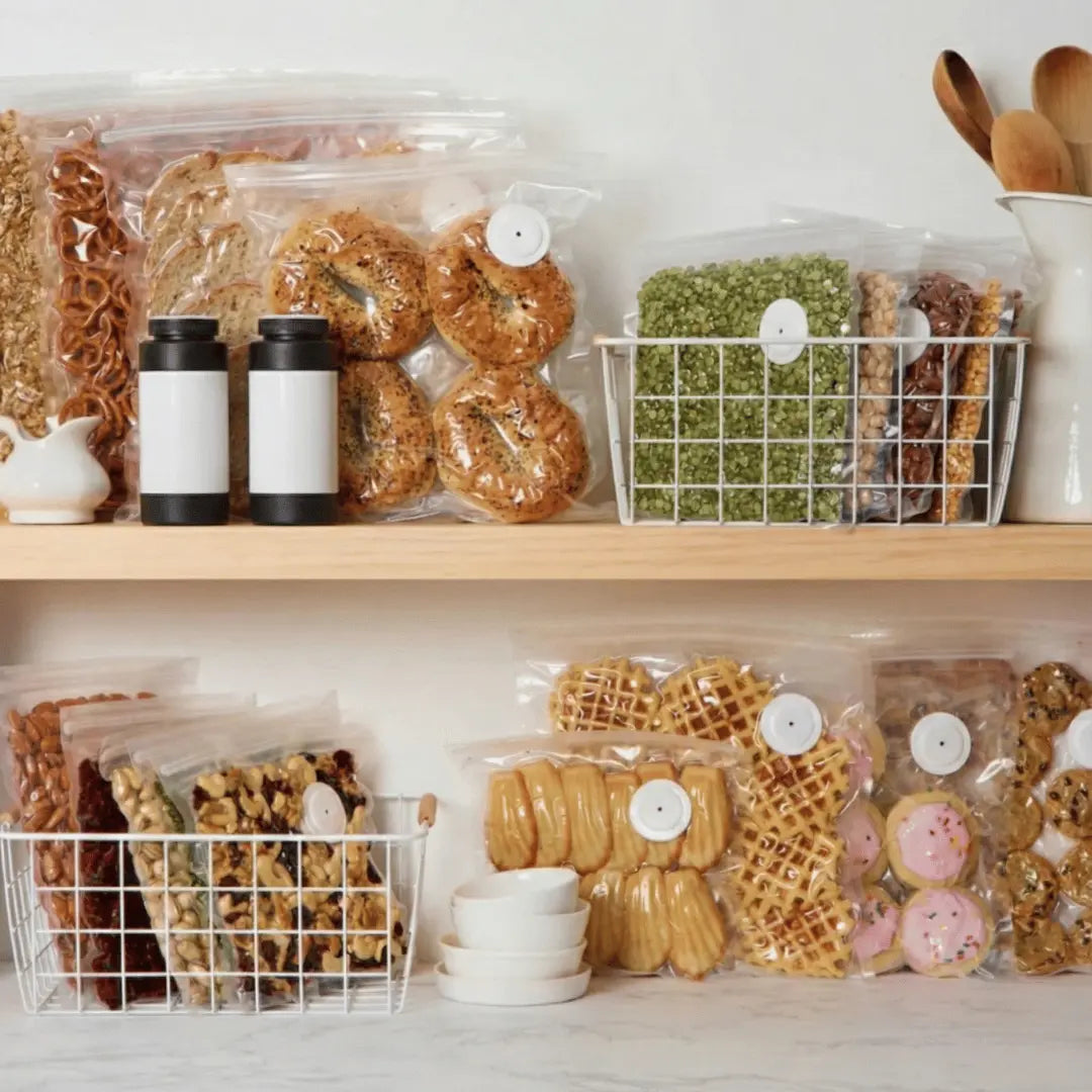 Shelves with various packaged food items and kitchen utensils on a white background