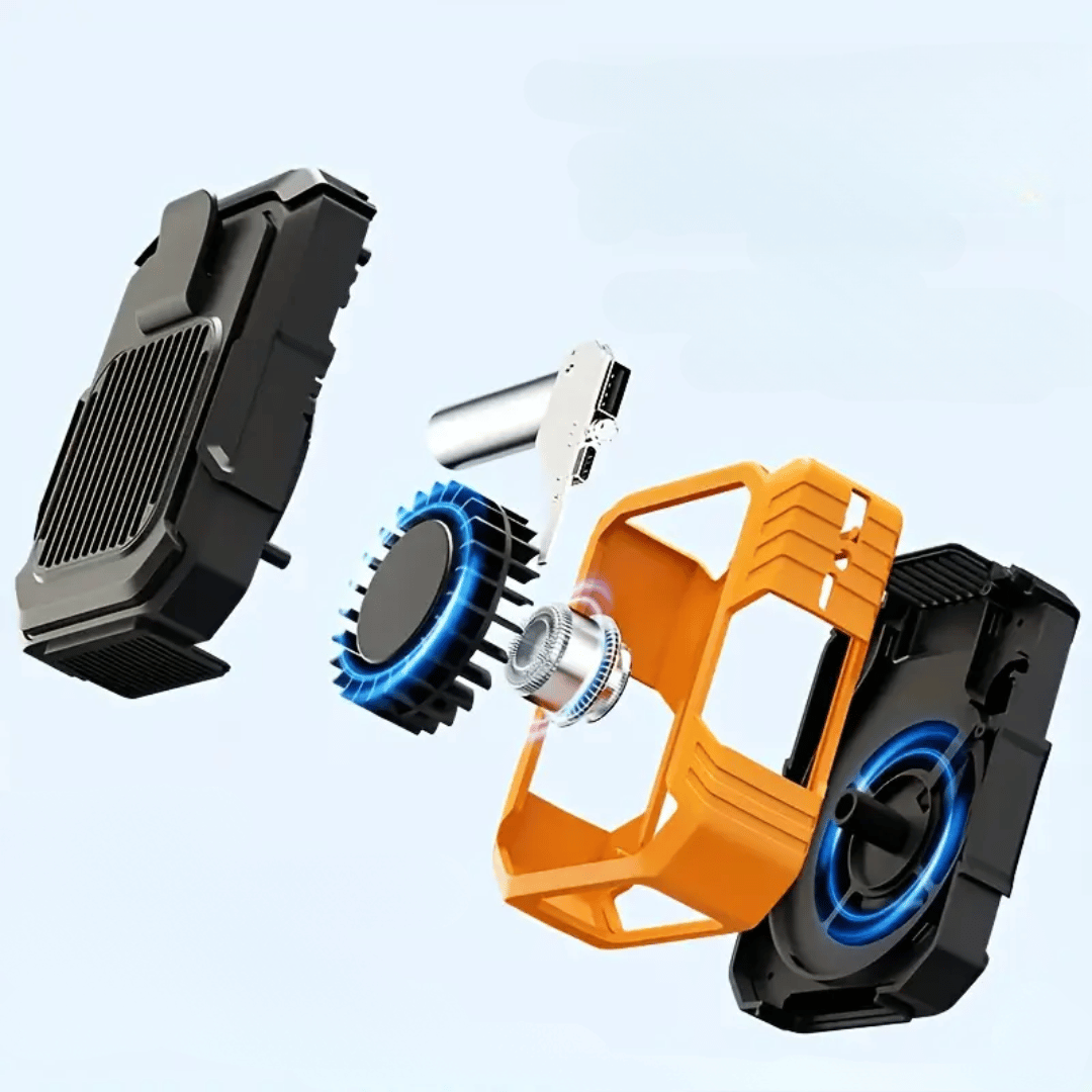 A portable orange and black fan attached to a belt, with a person's pants in the background.