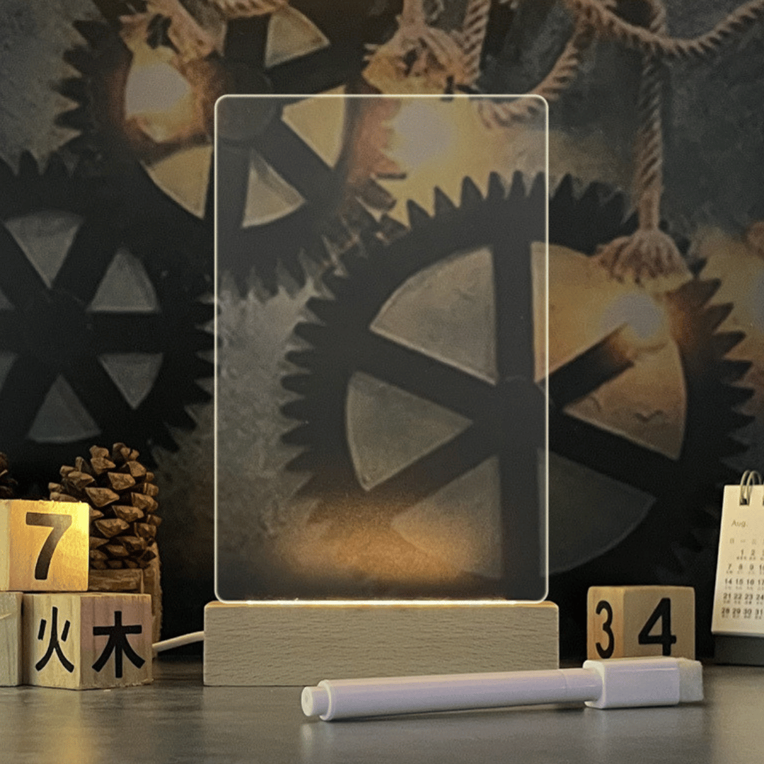 Decorative lamp with gears and wooden blocks on a dark background