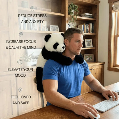 Person sitting at a desk with a panda-shaped neck pillow, surrounded by text benefits.