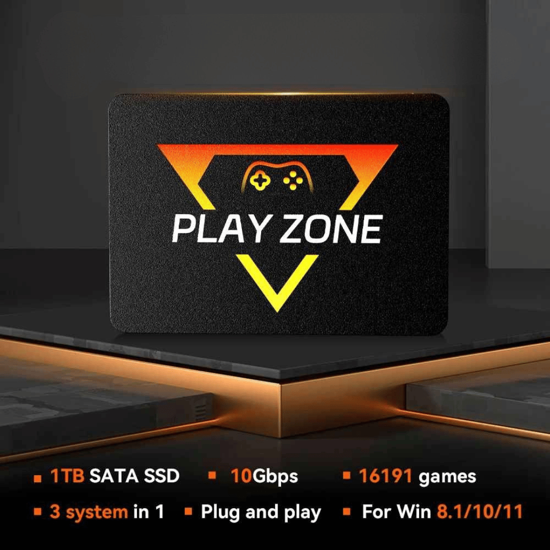 The image shows a promotional graphic for the GameZone, highlighting its features such as 1TB SATA SSD, 10Gbps, and compatibility with multiple operating systems. The graphic also mentions the inclusion of 16,191 games and plug-and-play functionality.