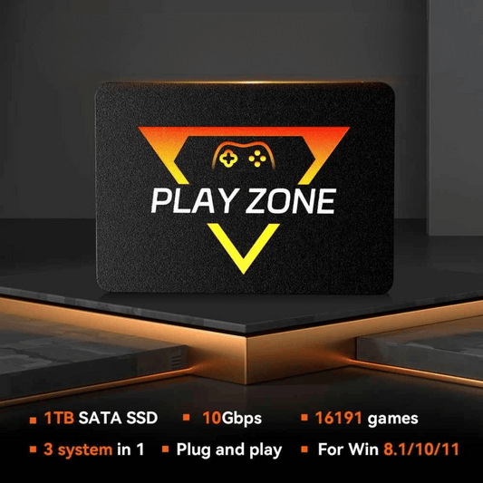The image shows a promotional graphic for the GameZone, highlighting its features such as 1TB SATA SSD, 10Gbps, and compatibility with multiple operating systems. The graphic also mentions the inclusion of 16,191 games and plug-and-play functionality.