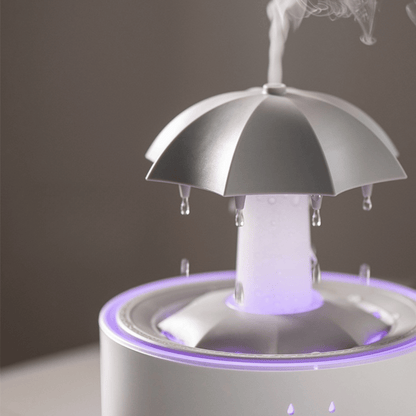 Umbrella-shaped humidifier emitting mist with a dark background
