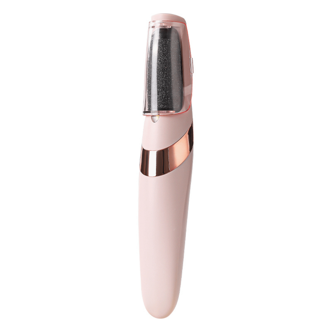 Pink and rose gold skin care device on a white background