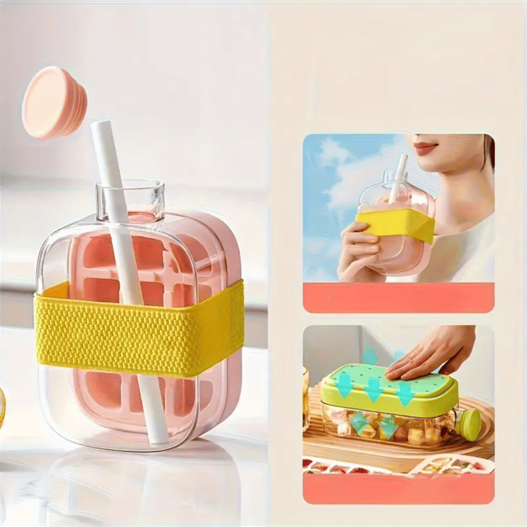 Clear bottle with pink top and yellow grip, straw included, on a white background.