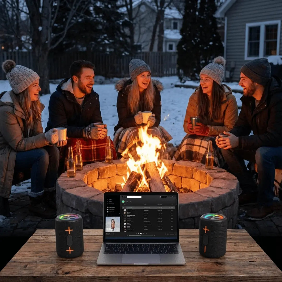Group of people sitting around a fire pit in winter, with a laptop and speakers on a table in front.