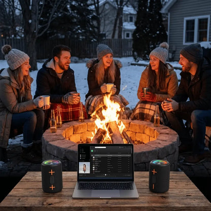Group of people sitting around a fire pit in winter, with a laptop and speakers on a table in front.