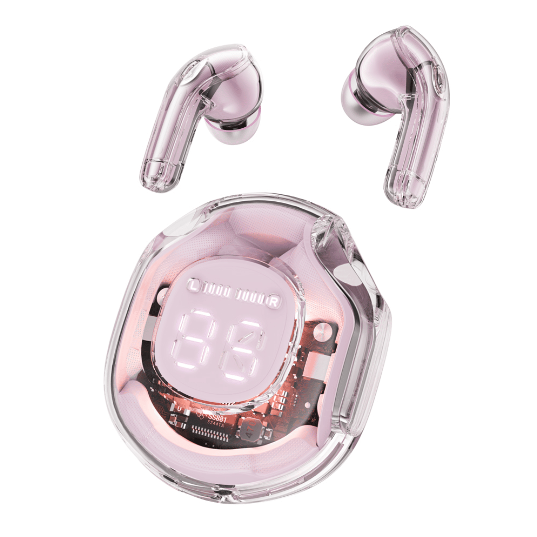 Pink wireless earbuds with charging case on a white background