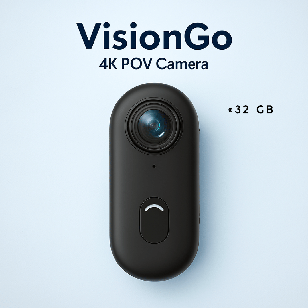 A 4K POV camera with a magnetic neck strap, long lanyard, and various mounting accessories, predominantly black in color.