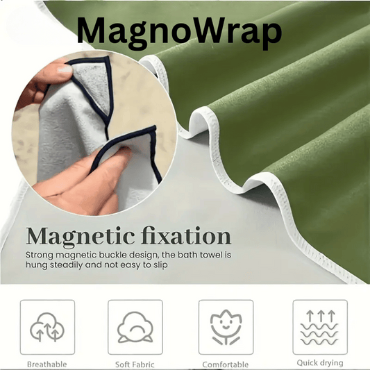 An advertisement image for MagnoWrap featuring a green towel with a close-up on the magnetic buckle system, along with icons indicating the towel is breathable, soft, comfortable, and quick-drying.