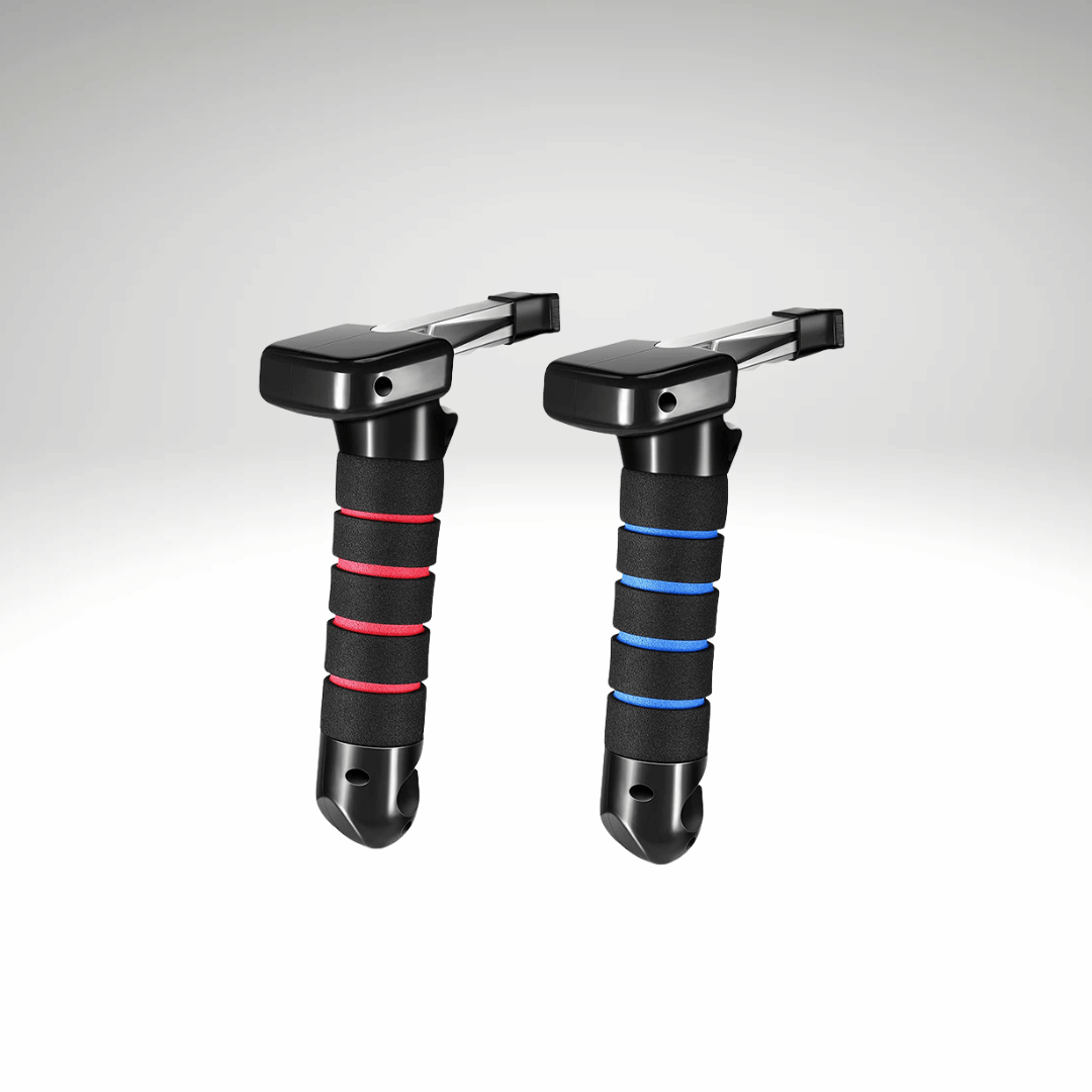 Two multifunctional vehicle safety handles with black, red, and blue grips, designed for stability and emergency tools