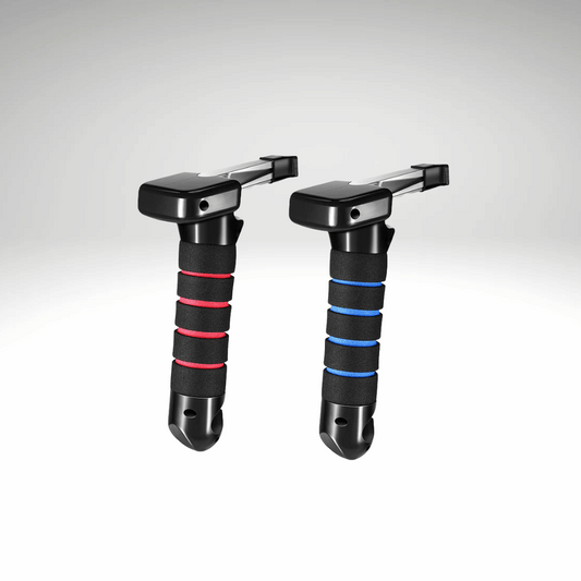 Two multifunctional vehicle safety handles with black, red, and blue grips, designed for stability and emergency tools