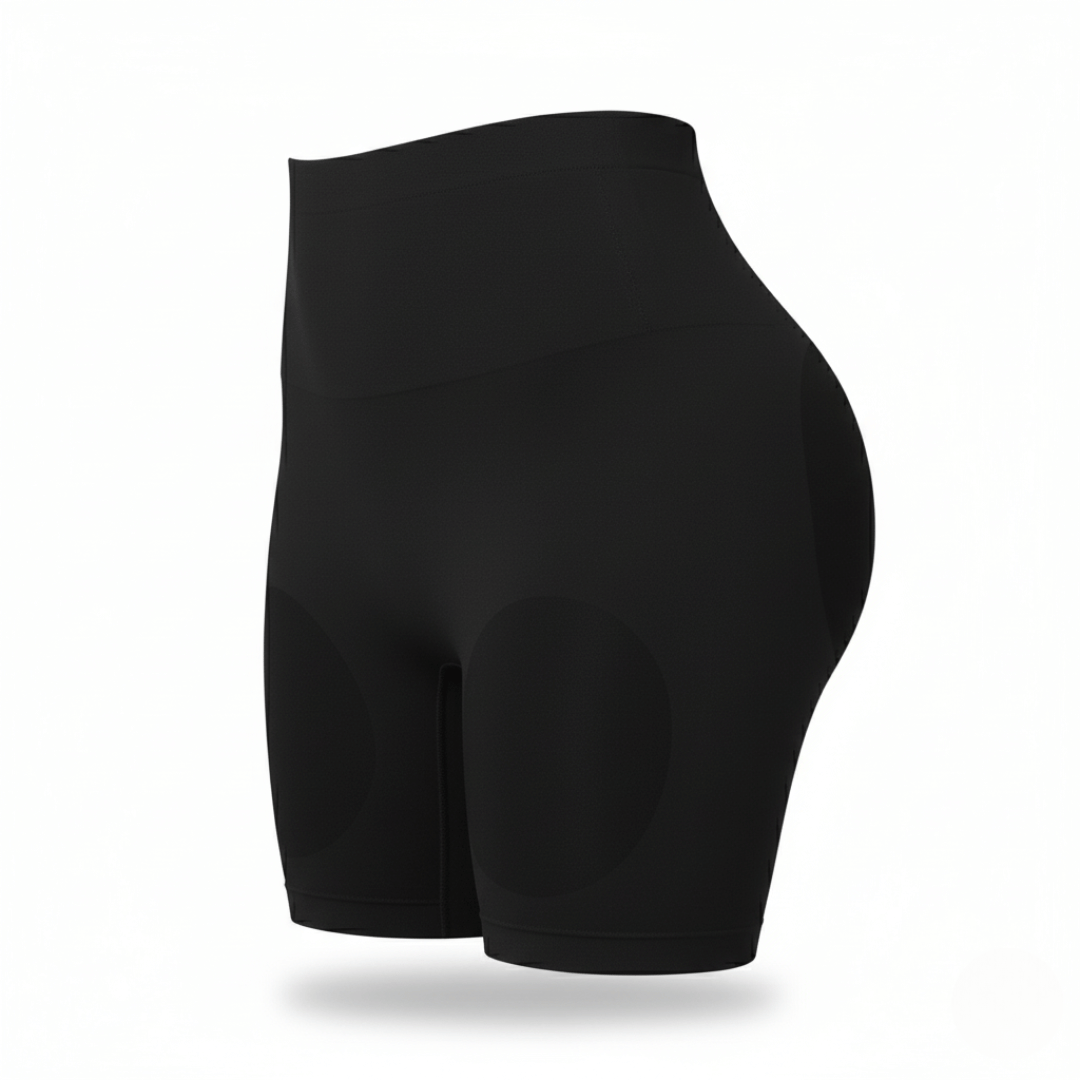 Black athletic shorts on a white background