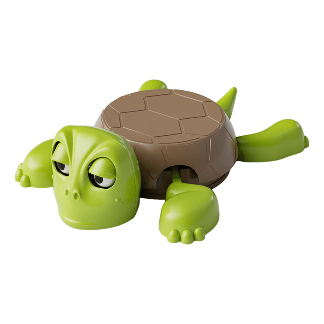A child playing with a toy turtle that has a movable head and appears to be making a humorous expression.