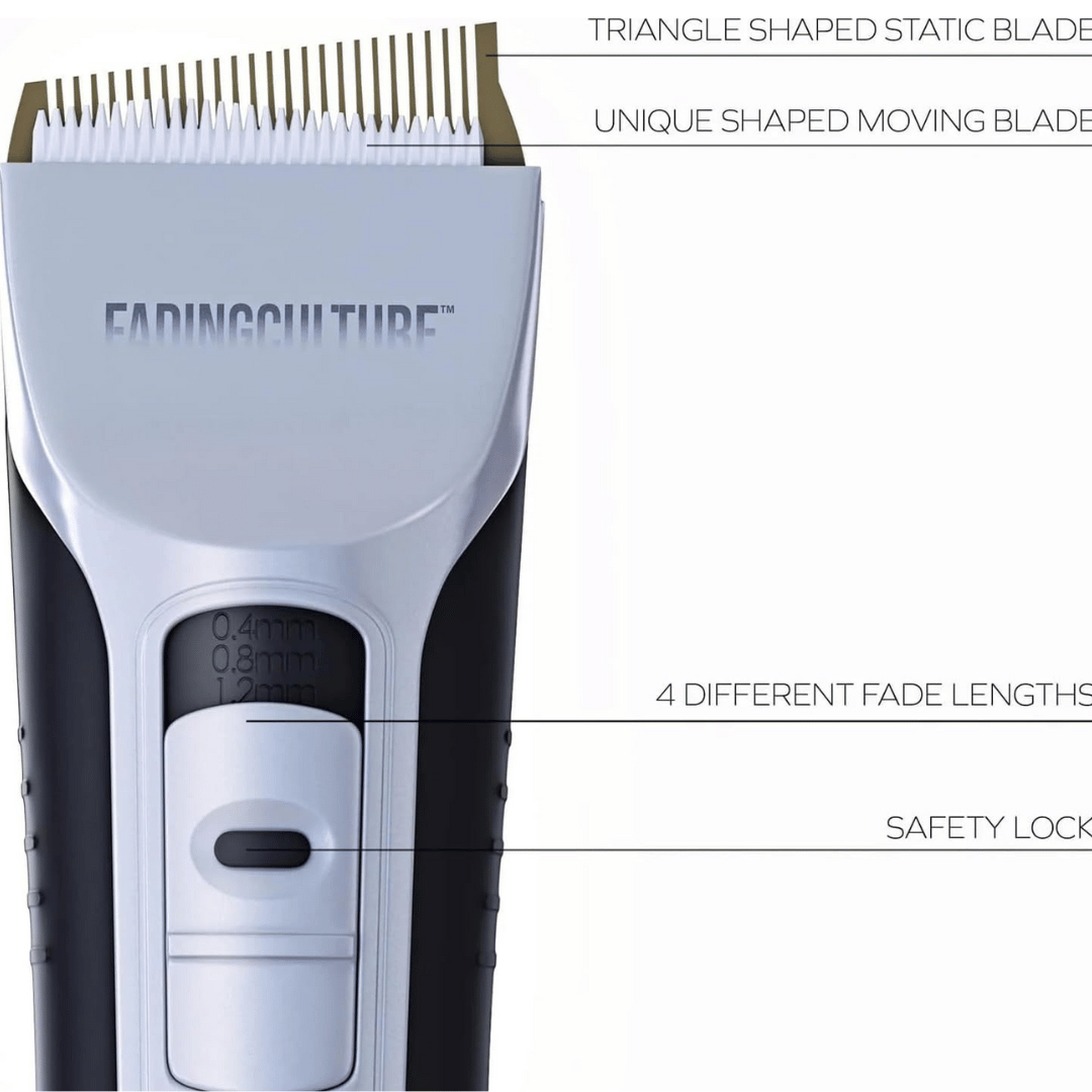 Hair trimmer with features highlighted on a white background