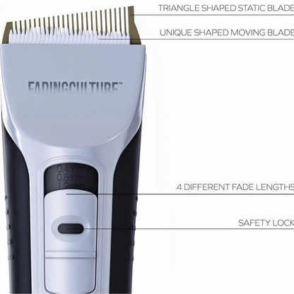 Hair trimmer with features highlighted on a white background