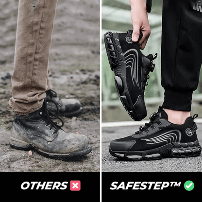 A pair of black safety sneakers designed for comfort, featuring a text overlay that reads 'BUILT FOR SAFETY, DESIGNED FOR COMFORT' and a graphic indicating 'Glass Breaker Proof'. There are also stars indicating a rating and a count of '12,345+ Happy Customers'.