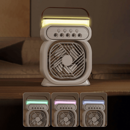 Portable fan with colorful light display on a wooden surface