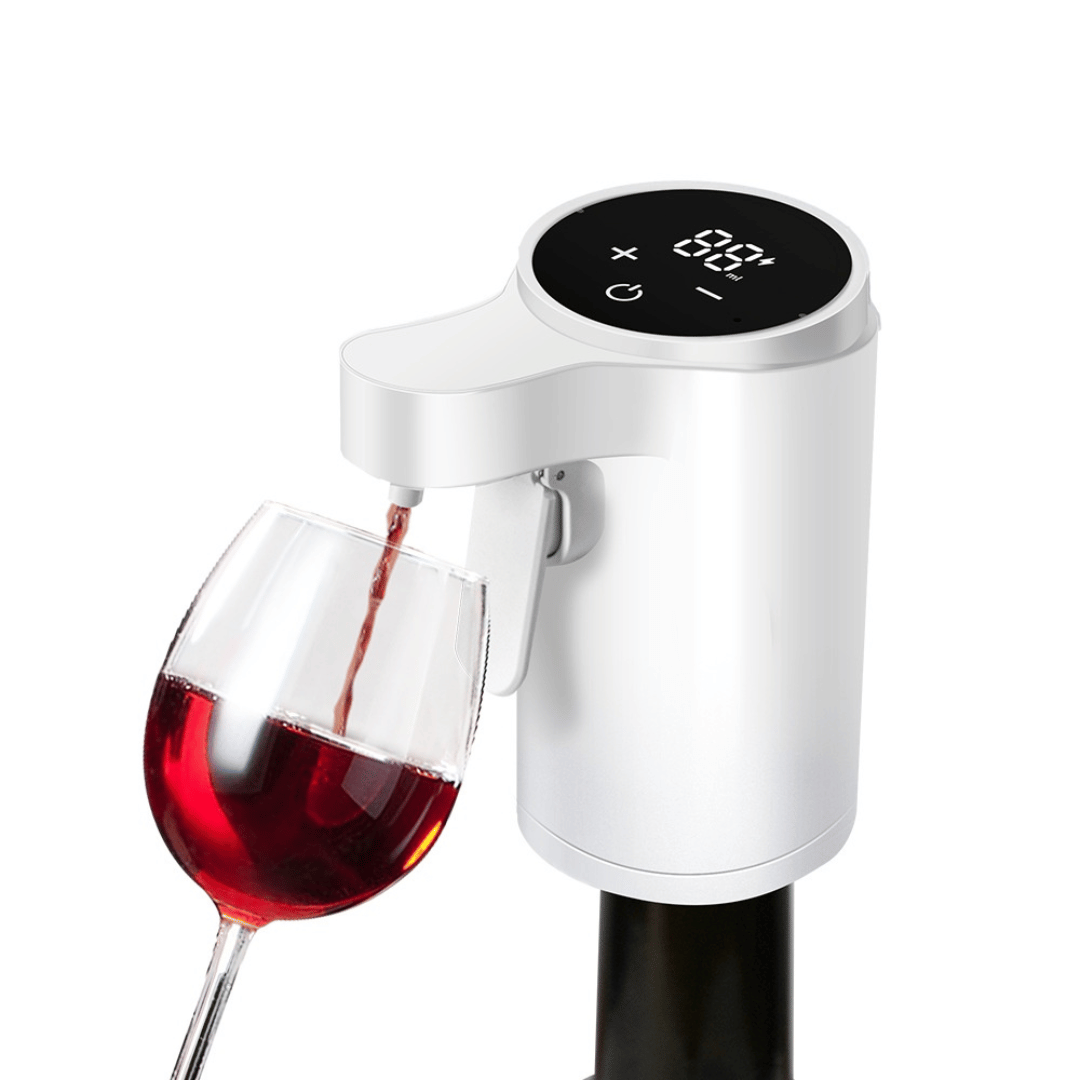 White wine aerator pouring red wine into a glass on a white background