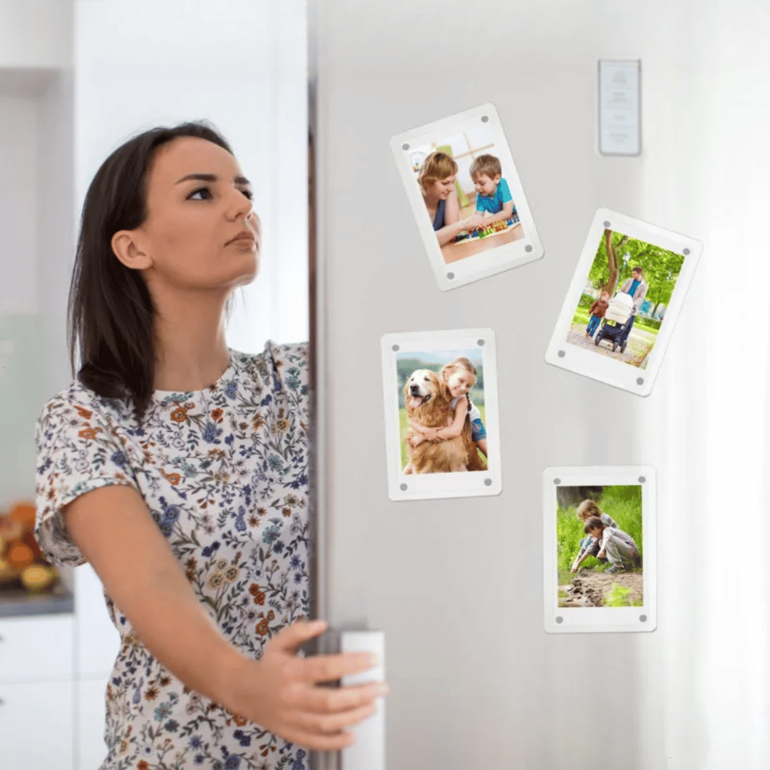 ClearMag acrylic magnetic photo frame with clear design for displaying photos on fridge and kitchen surfaces
