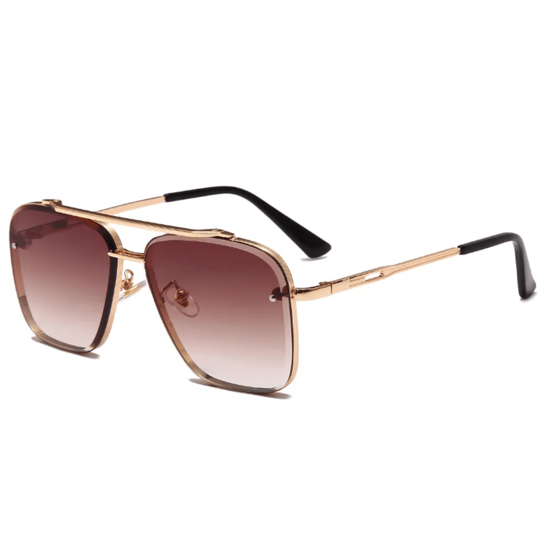 A pair of Enzo Bellucci retro sunglasses with a gold frame and dark lenses.