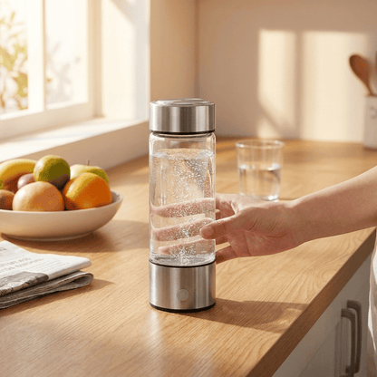 Clear water bottle with metal cap on a wooden kitchen counter with fruits and a glass of water in the background.