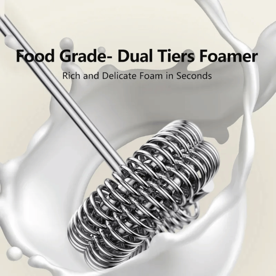 Foam mixer with text 'Food Grade- Dual Tiers Foamer' and 'Rich and Delicate Foam in Seconds' on a beige background.