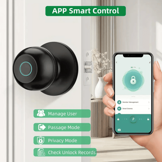 A smart lock with a black door knob appearance and a blue light ring around the central button. A hand is holding a smartphone with the lock's app being used to manage the lock settings.