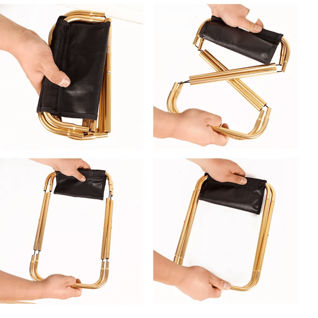 Collapsible chair with black seat being held by a hand in multiple angles on a white background
