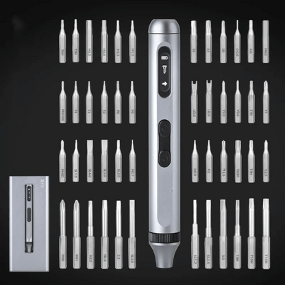 Silver electronic screwdriver with multiple drill bits on a black background