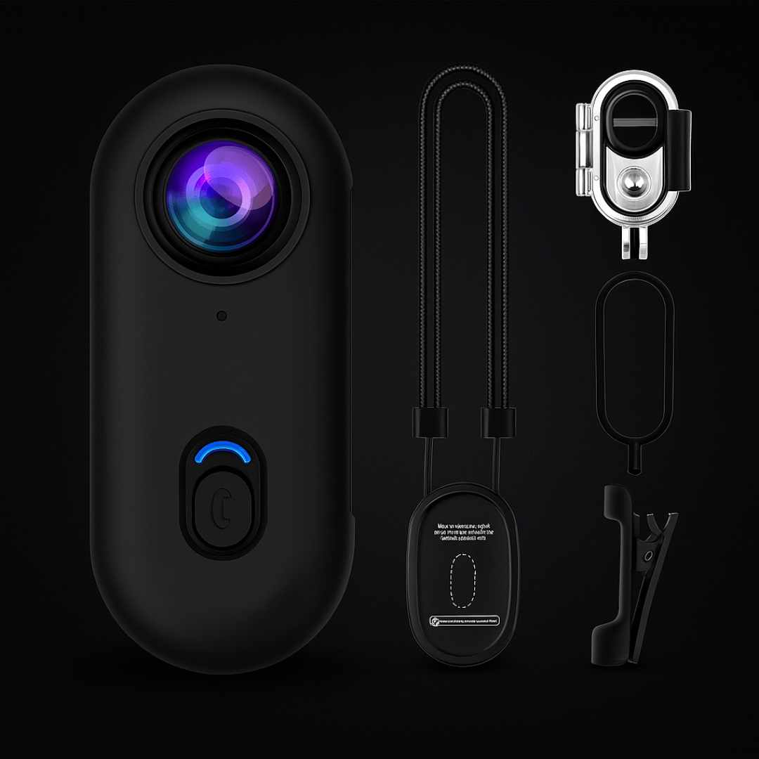 A 4K POV camera with a magnetic neck strap, long lanyard, and various mounting accessories, predominantly black in color.