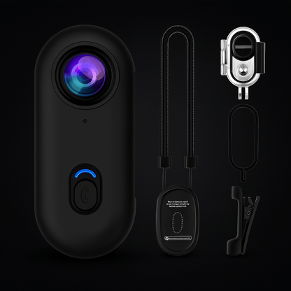 A 4K POV camera with a magnetic neck strap, long lanyard, and various mounting accessories, predominantly black in color.
