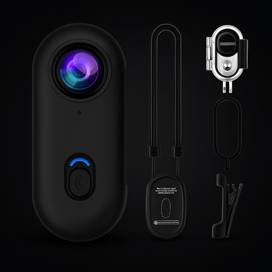 A 4K POV camera with a magnetic neck strap, long lanyard, and various mounting accessories, predominantly black in color.