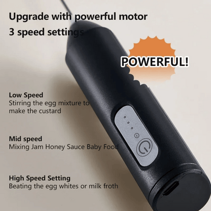 Black handheld mixer with speed settings labeled on a beige background
