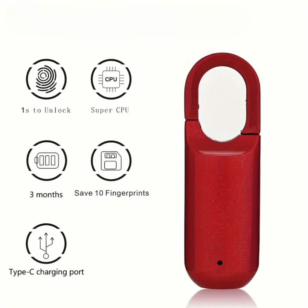 Red electronic device with features listed on a white background