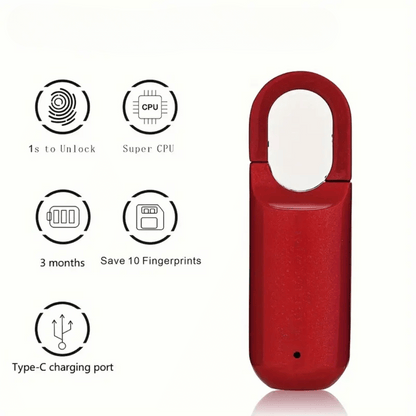 Red electronic device with features listed on a white background